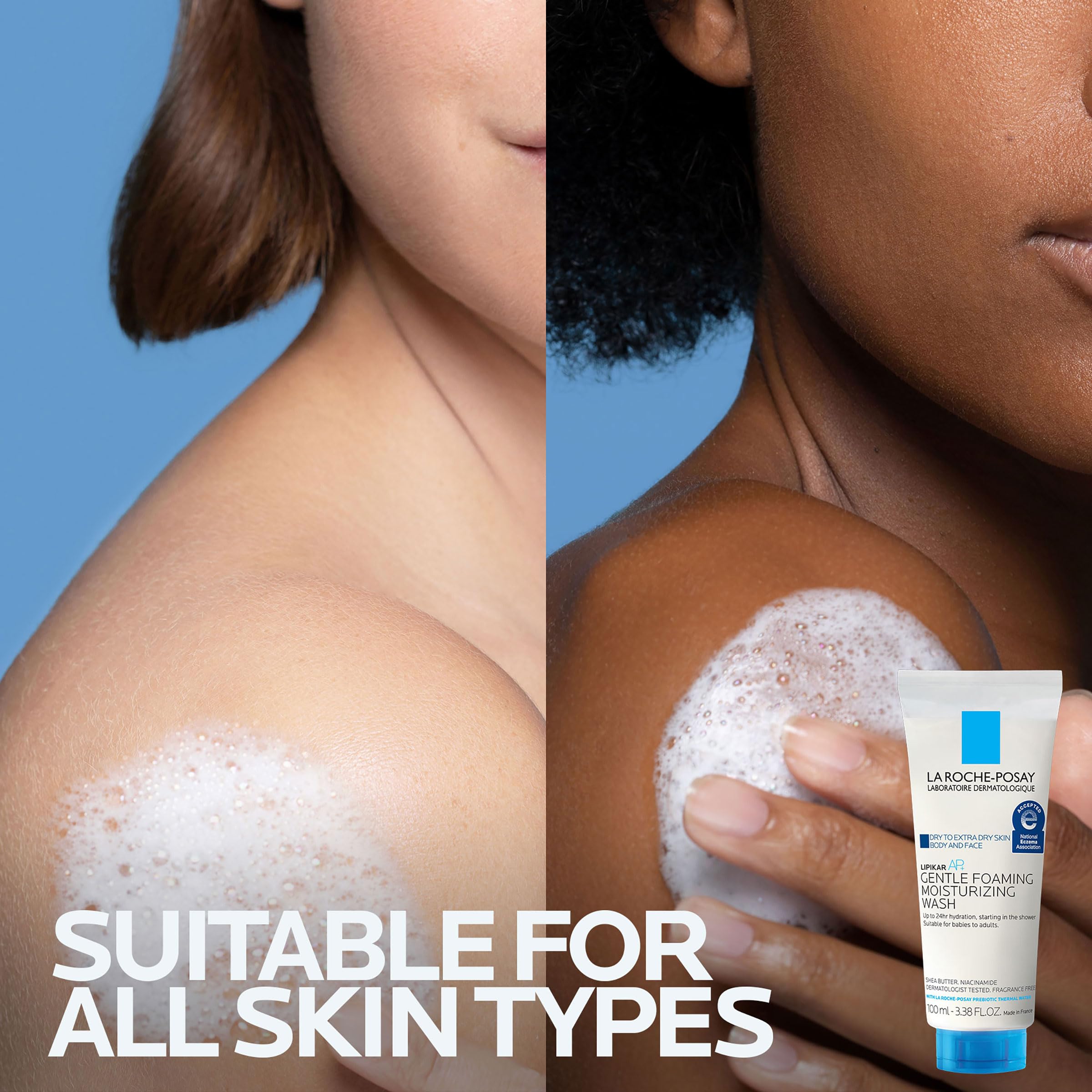 La Roche-Posay bottle next to common items showing size and travel-friendly benefit