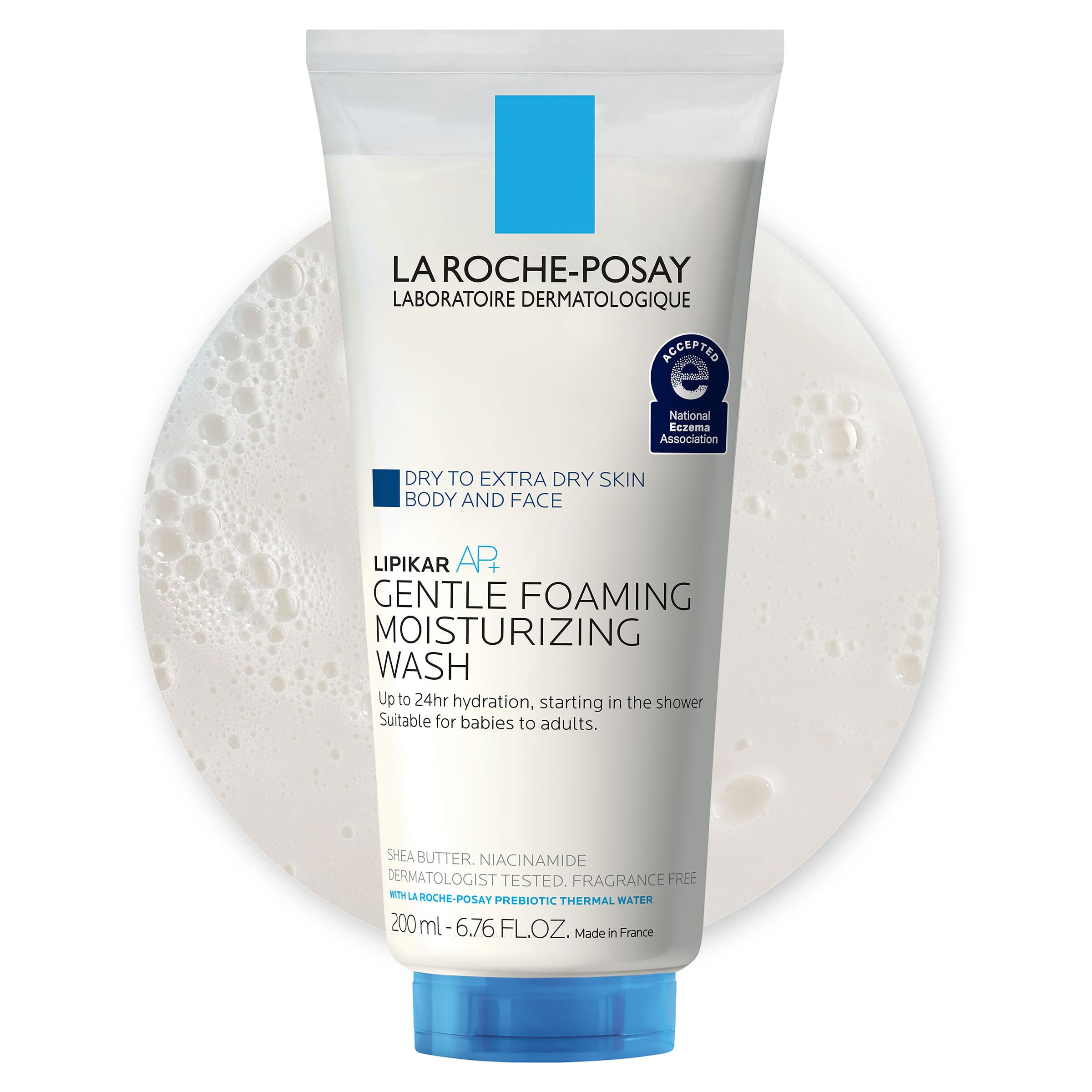 La Roche-Posay front pump bottle showing clean design and easy dispensing benefit