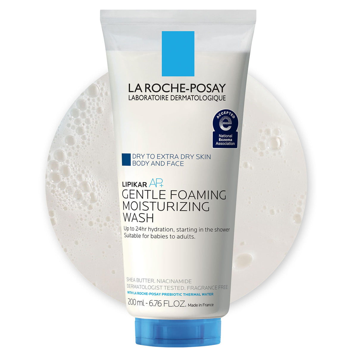 La Roche-Posay front pump bottle showing clean design and easy dispensing benefit