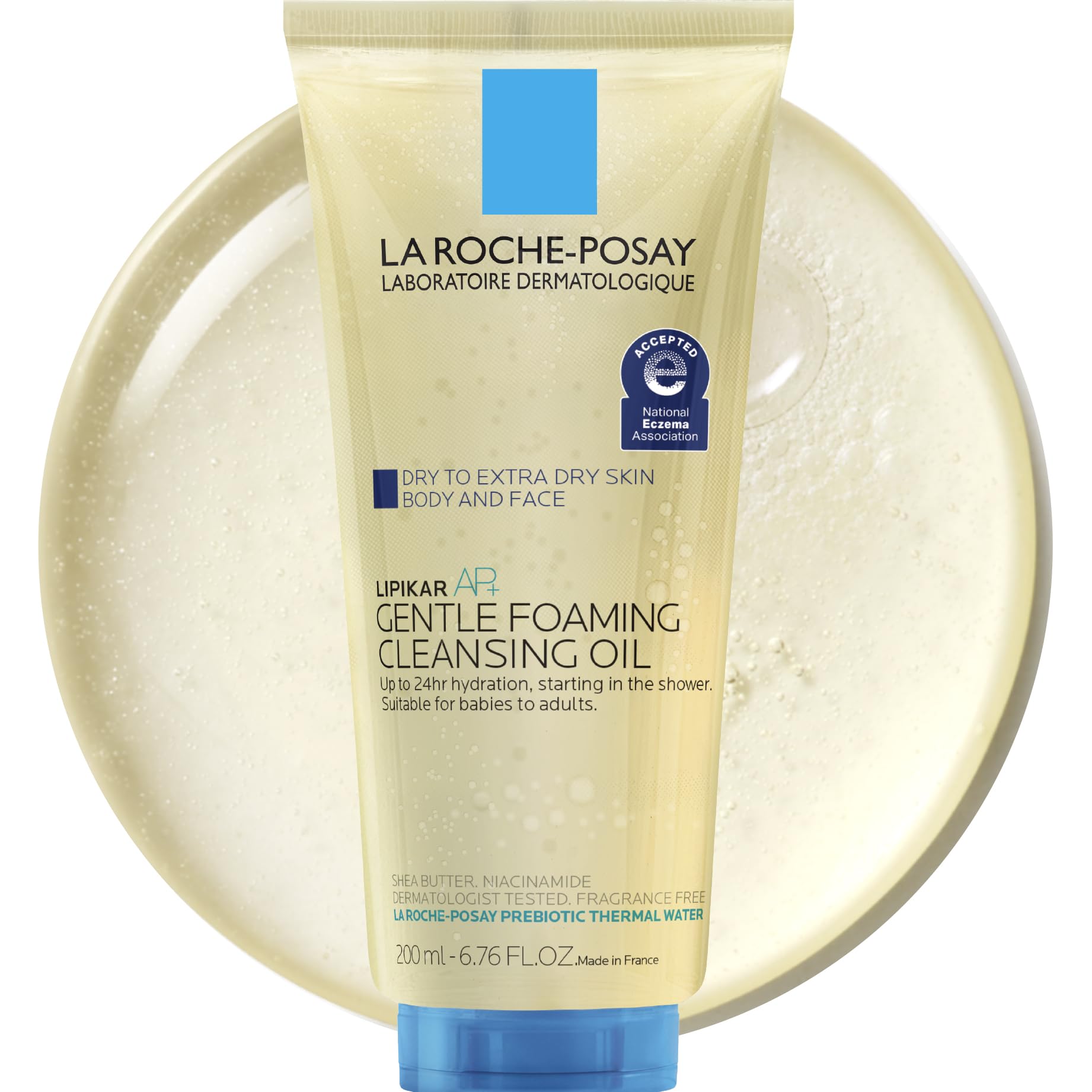 La Roche-Posay front bottle showing pump and label benefit hydrating cleanser