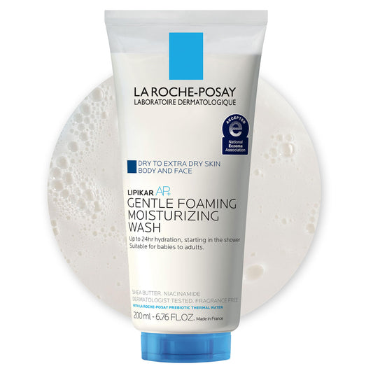 La Roche-Posay front pump bottle showing clean design and easy dispensing benefit