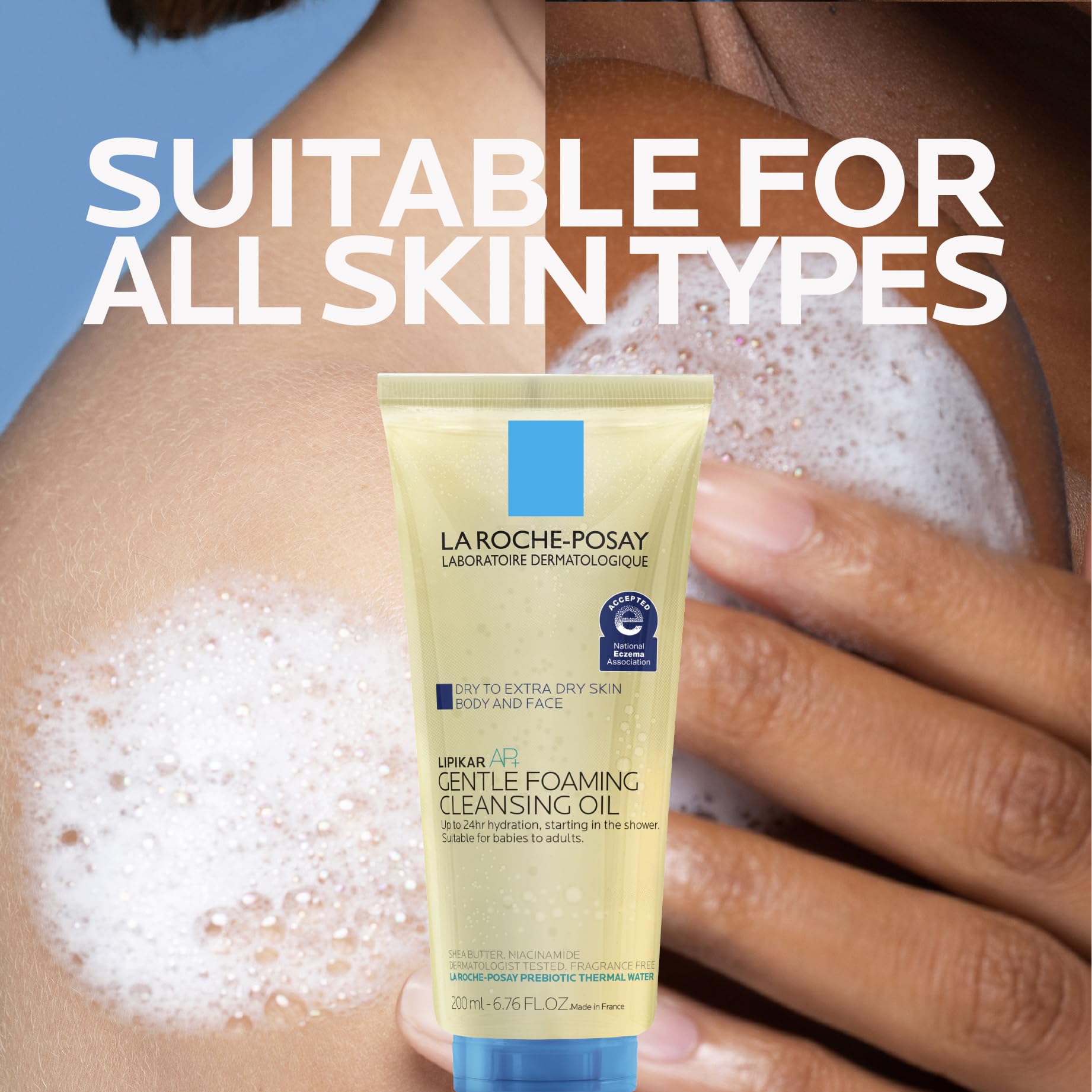 La Roche-Posay in-shower scene showing family-friendly hydrating body wash use