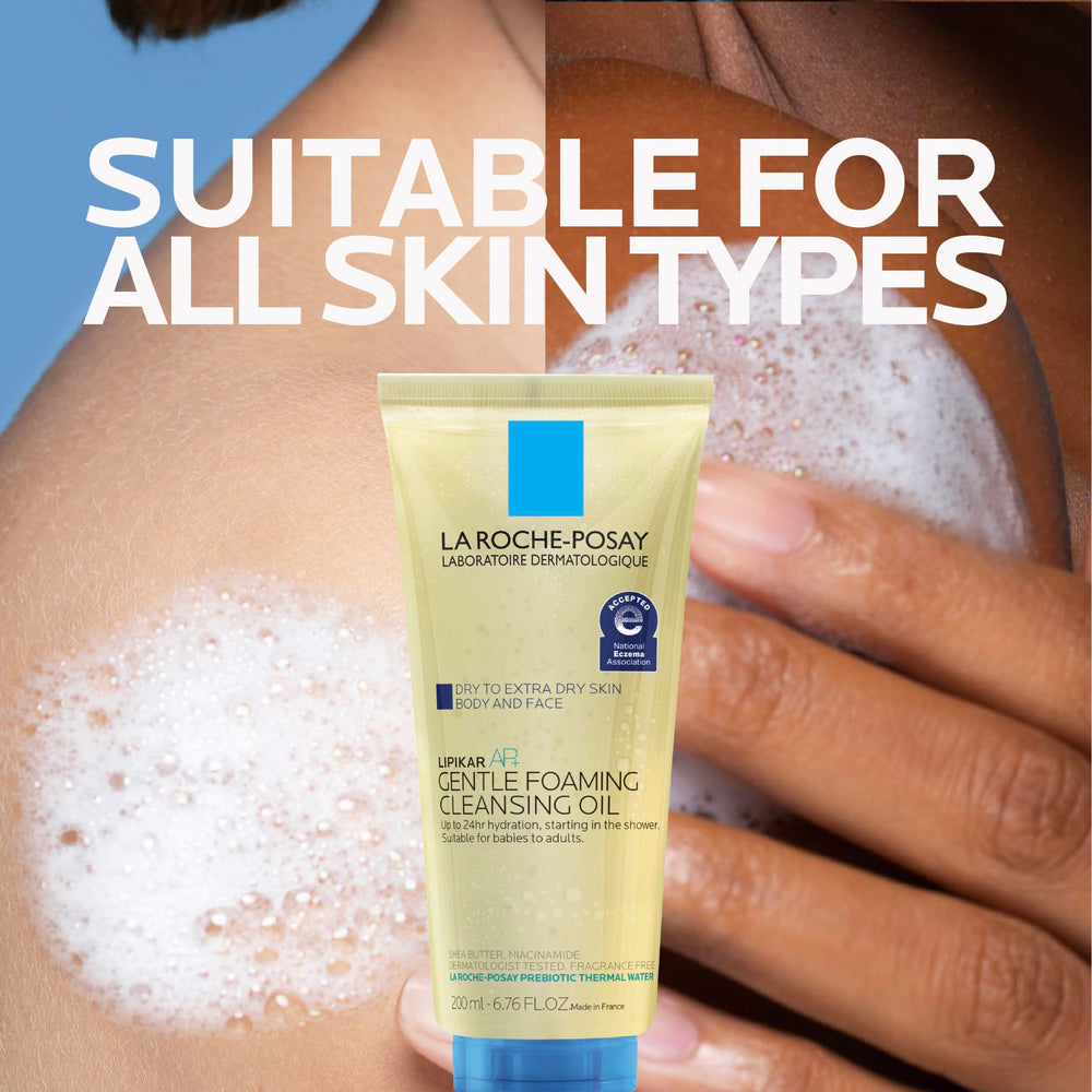 La Roche-Posay in-shower scene showing family-friendly hydrating body wash use