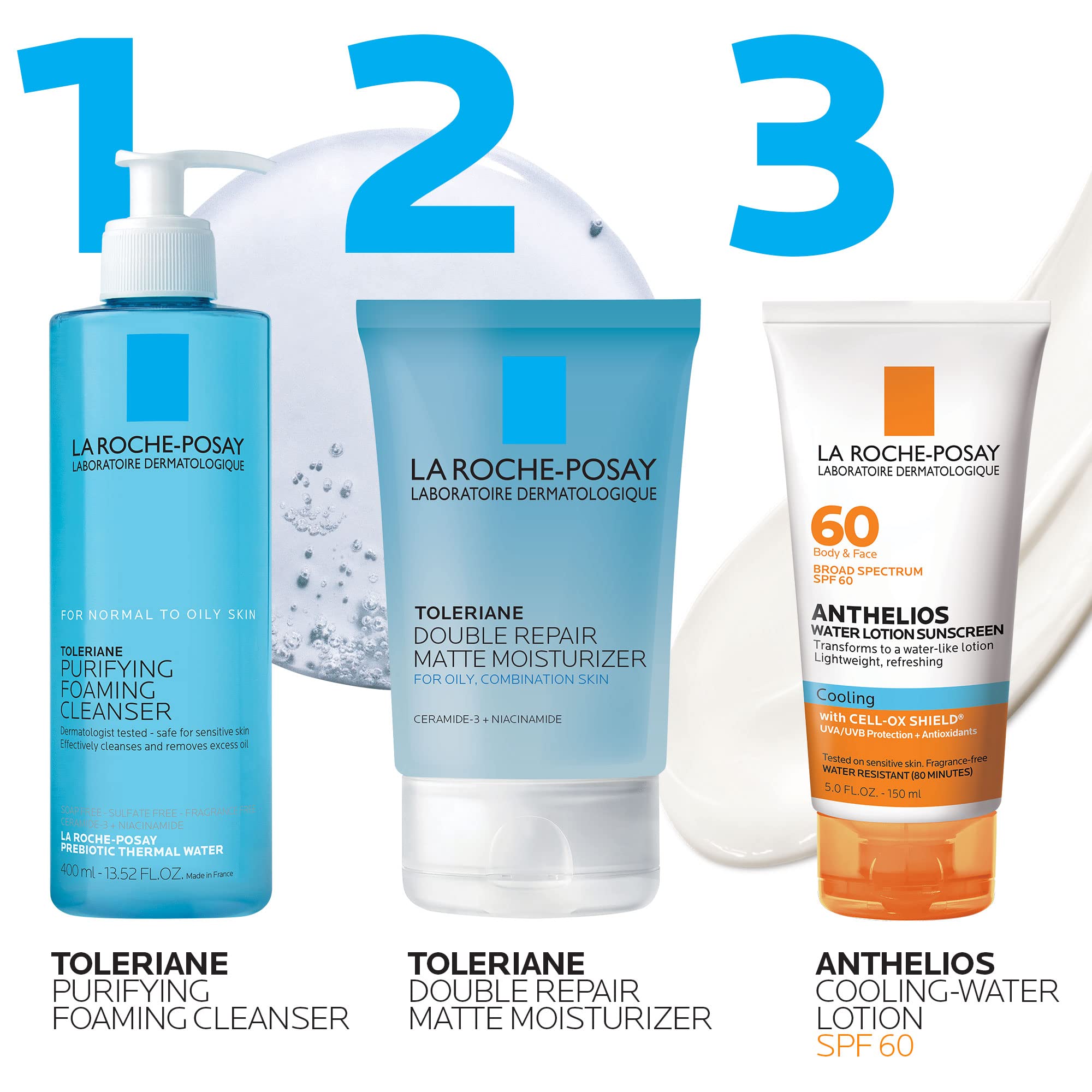 La Roche-Posay bottle in hand showing portable size and easy application benefit