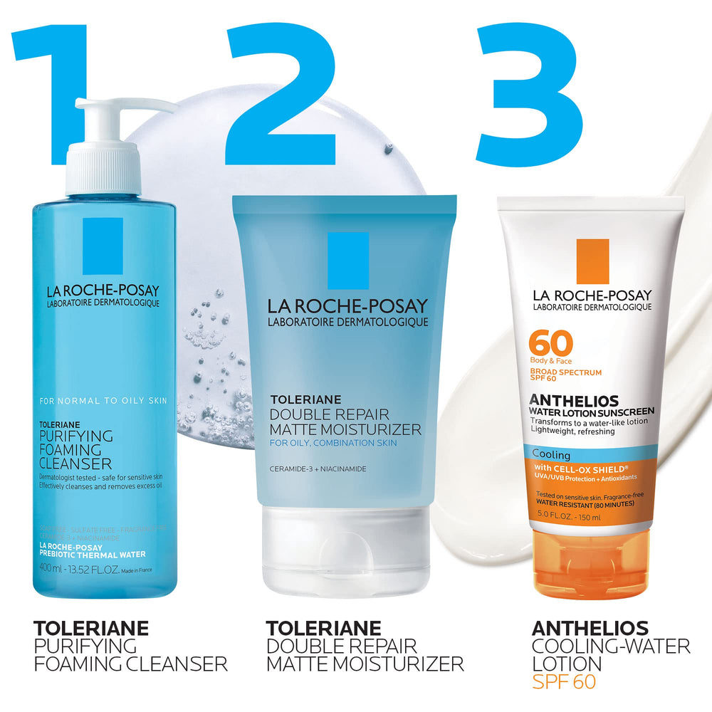 La Roche-Posay bottle in hand showing portable size and easy application benefit