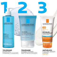 La Roche-Posay bottle in hand showing portable size and easy application benefit