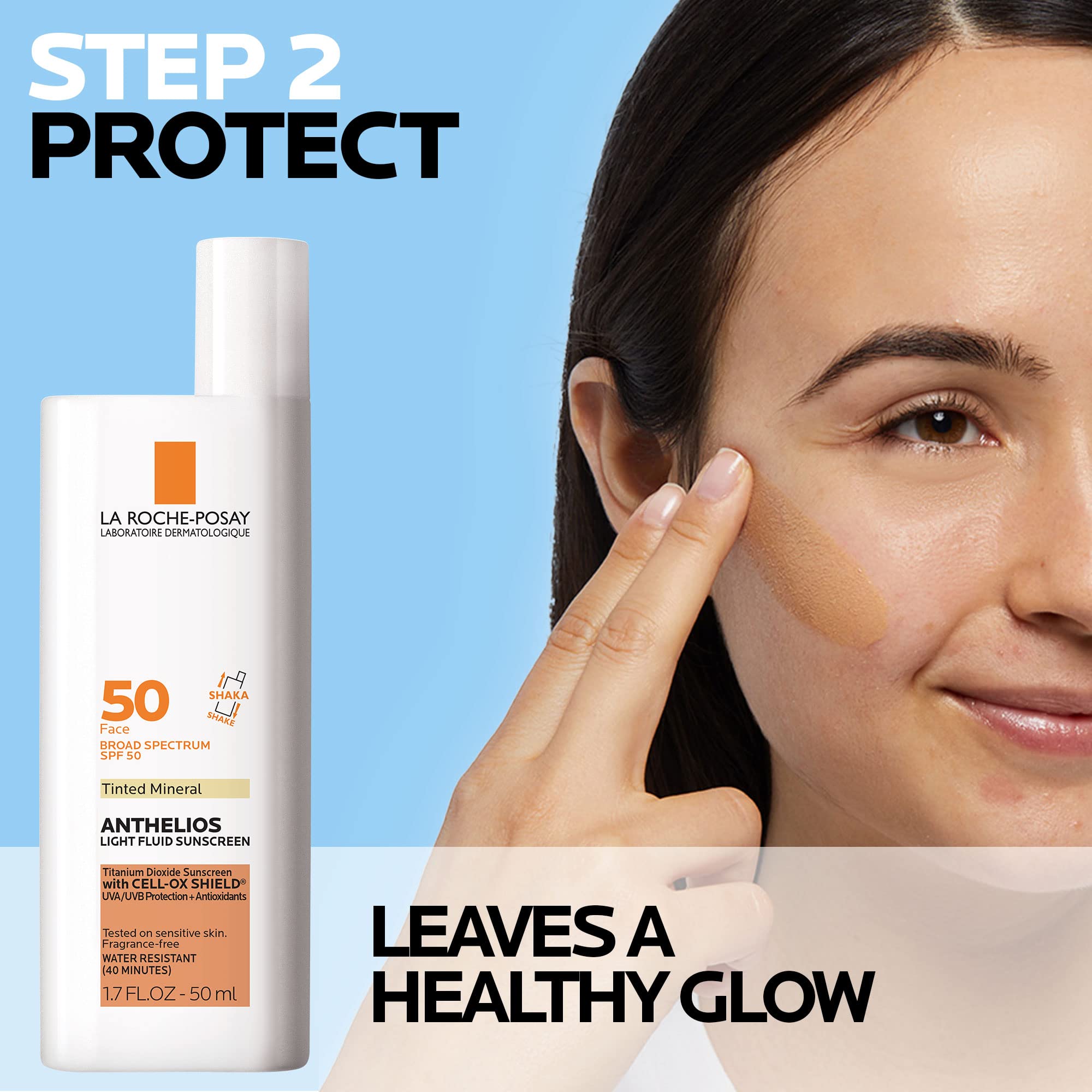 La Roche-Posay sunscreen texture close-up showing tint and blendable finish benefit