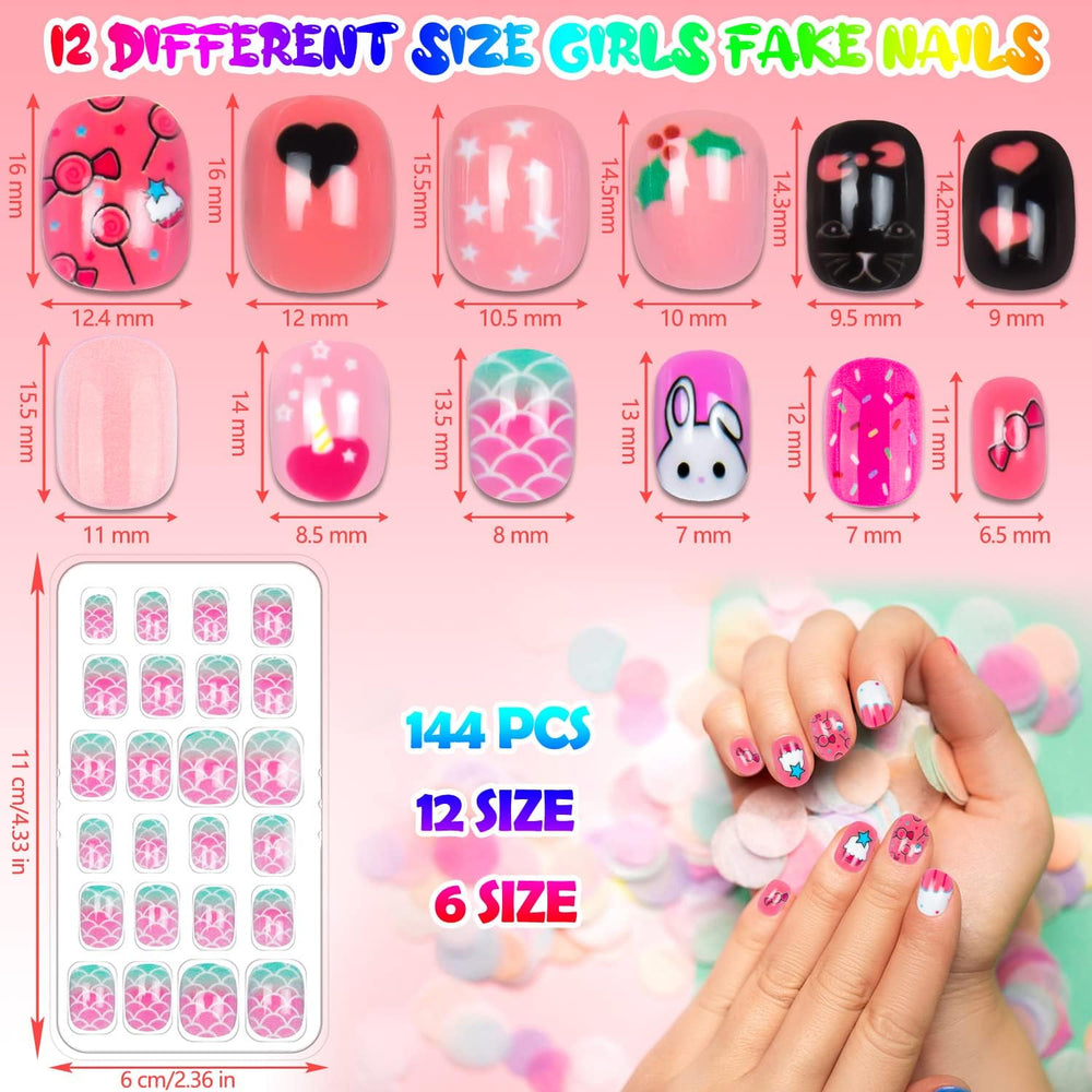 Labeol close-up of cartoon nail patterns and bright colors for fun kids looks