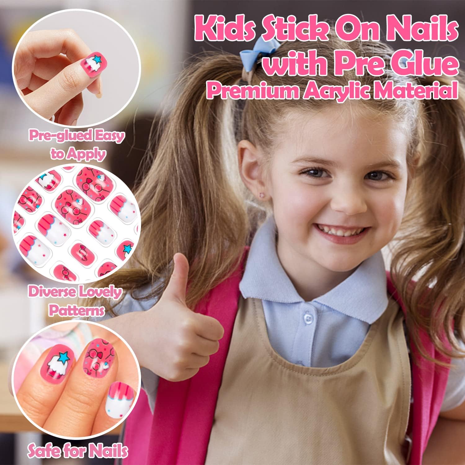 Labeol press-on nails on child's hands demonstrating easy, safe application