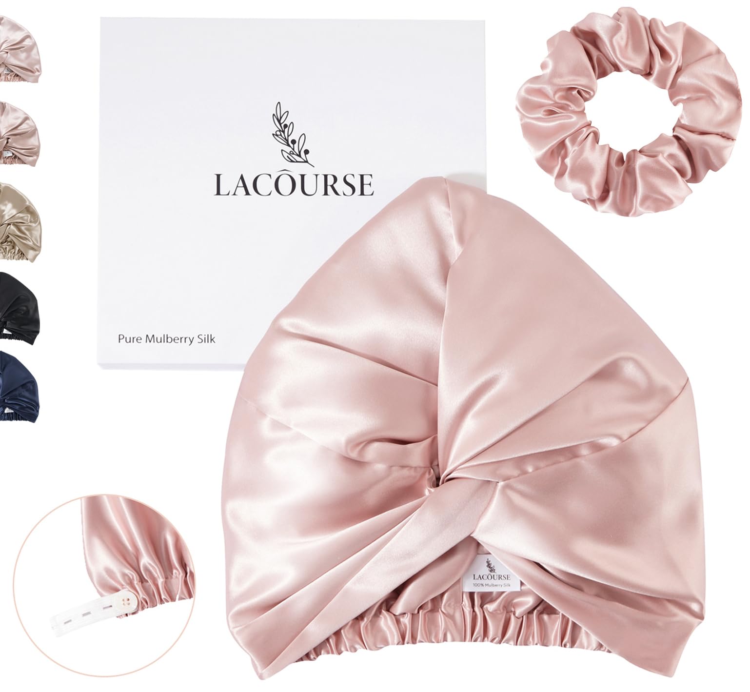 LaCourse bonnet front view showing pink silk and secure fit, reduces hair friction