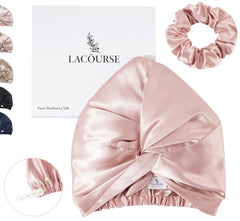 LaCourse bonnet front view showing pink silk and secure fit, reduces hair friction