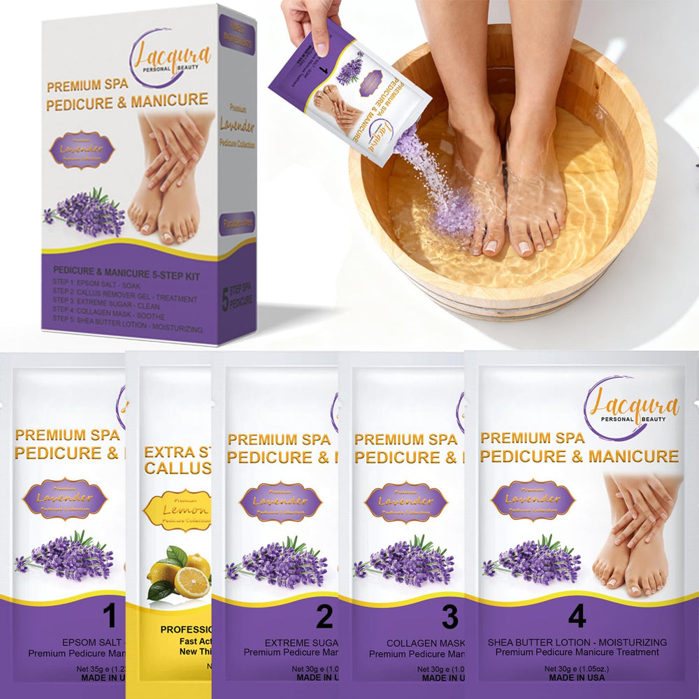 Lacqura front packaging showing full 5-step pedicure kit and benefits