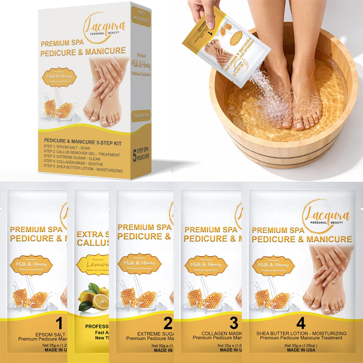 Lacqura front packaging showing milk and honey set benefits