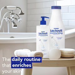 Lactovit bottle on shower ledge illustrating in-shower use benefit