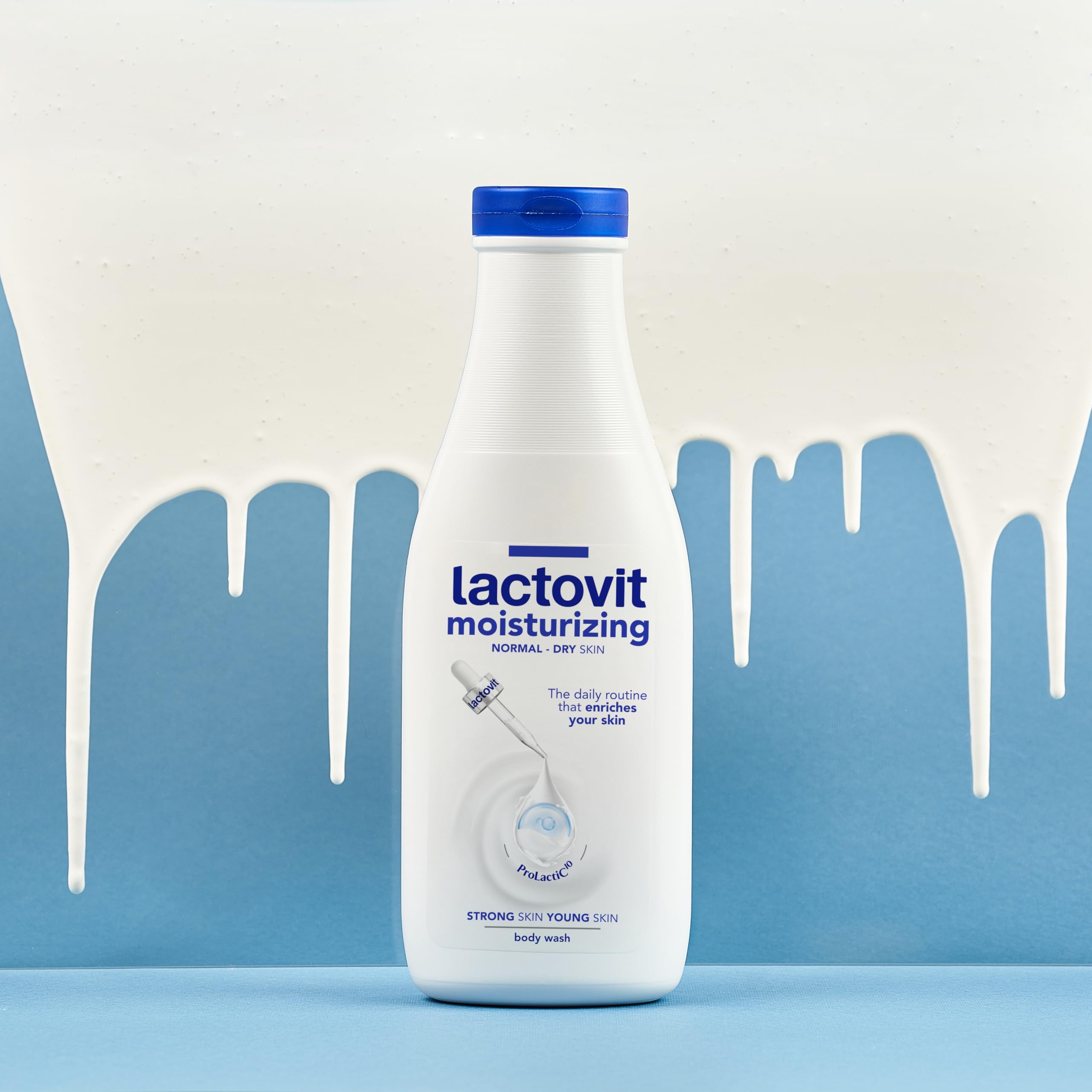 Lactovit placed on bathroom shelf in lifestyle scene for routine appeal