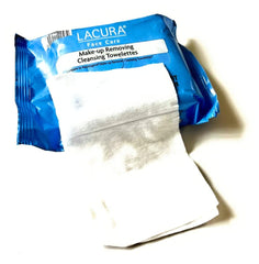 Lacura open pack displaying multiple pre-moistened towelettes for travel