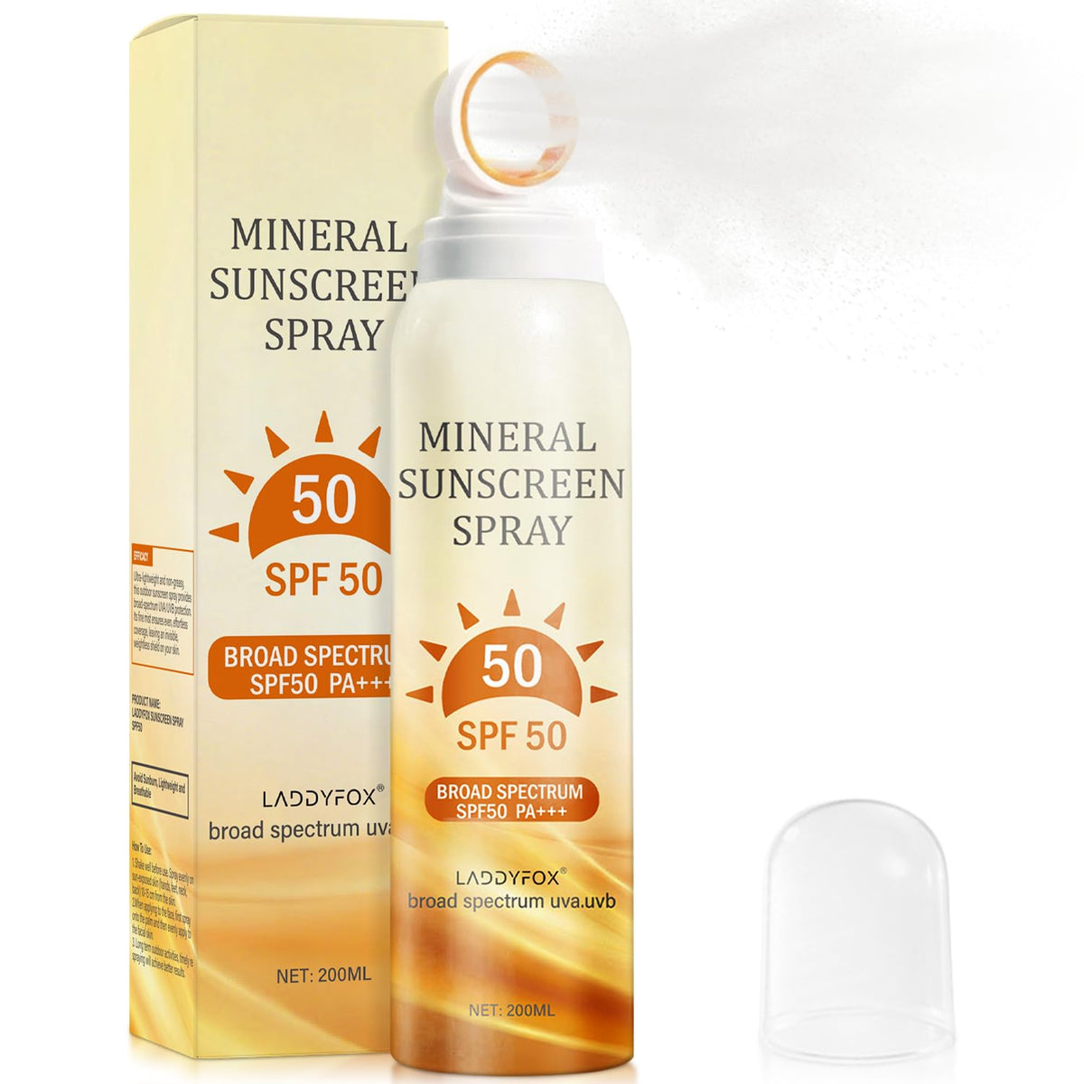 LADDYFOX front canister showing SPF 50 protection and compact design benefits