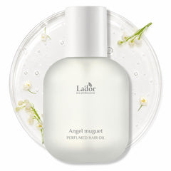 LA'DOR bottle front view showing elegant Angel Muguet packaging and bright shine benefit