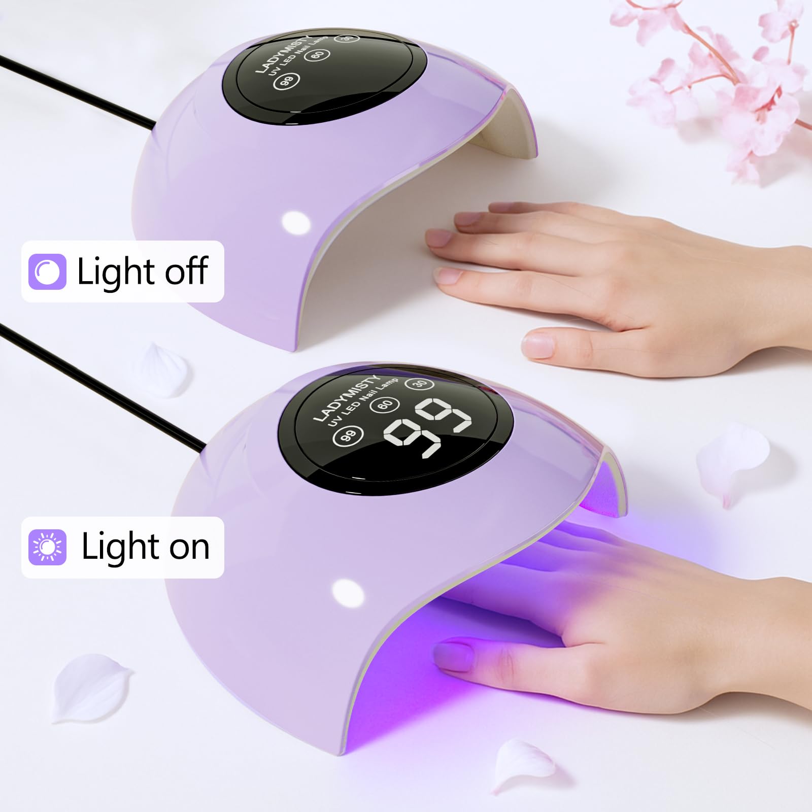 LadyMisty beside a hand for size scale showing portable salon-quality benefit