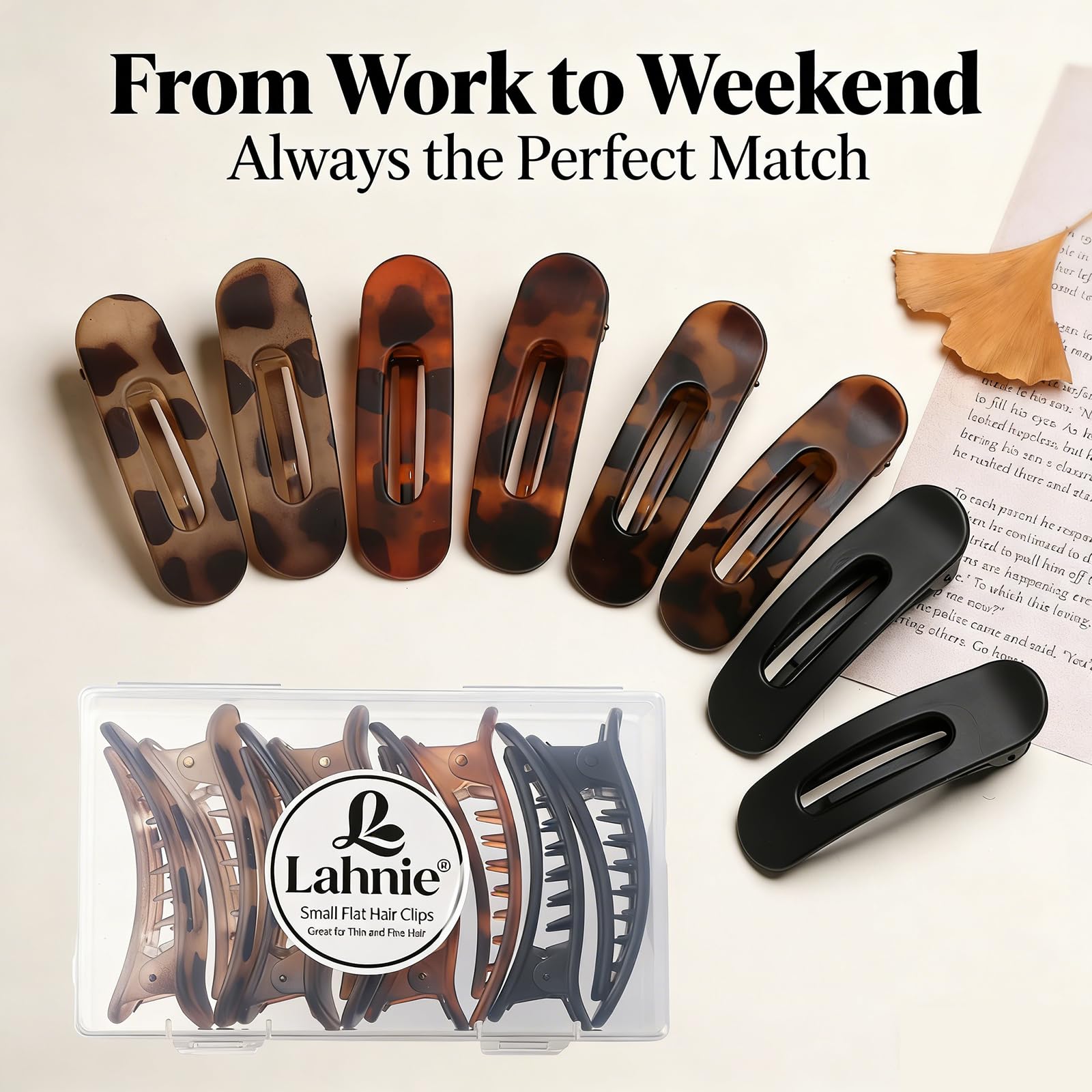 Lahnie flat clip lying flush against head illustrating no-crease, all-day comfort