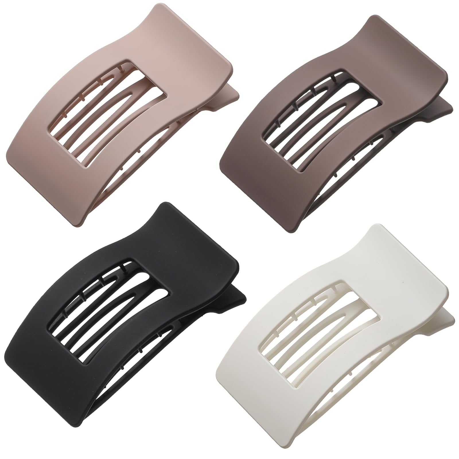 Lahnie front view of four matte flat hair clips showing neutral colors and packaging benefit