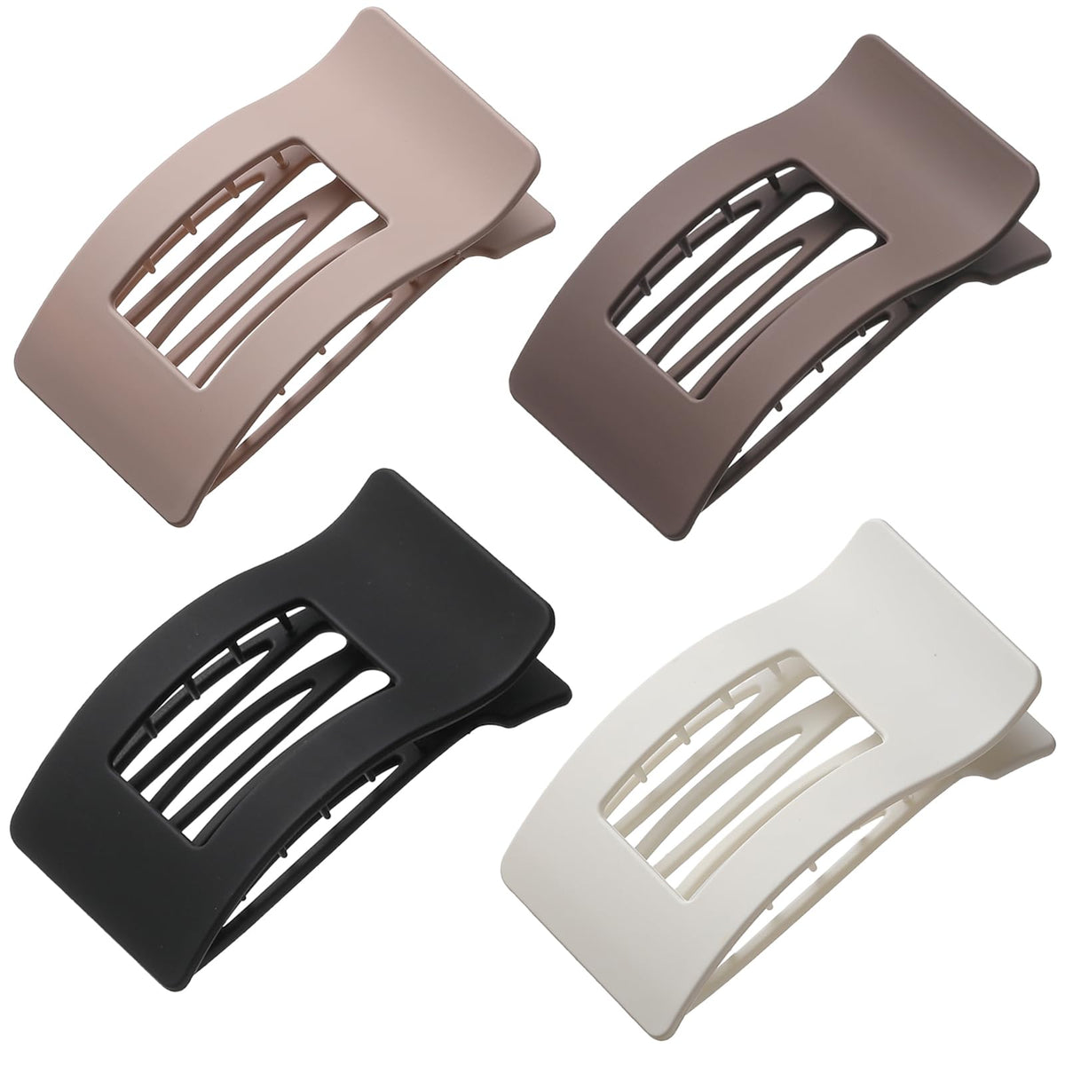 Lahnie front view of four matte flat hair clips showing neutral colors and packaging benefit