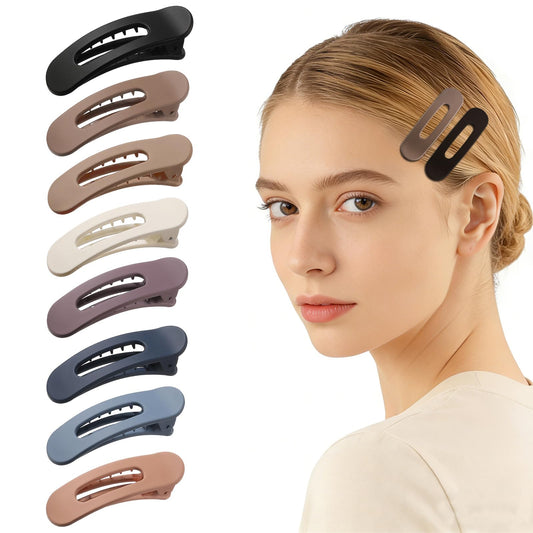 Lahnie front view of 8-pack matte flat clips showing neutral colors and compact size benefit