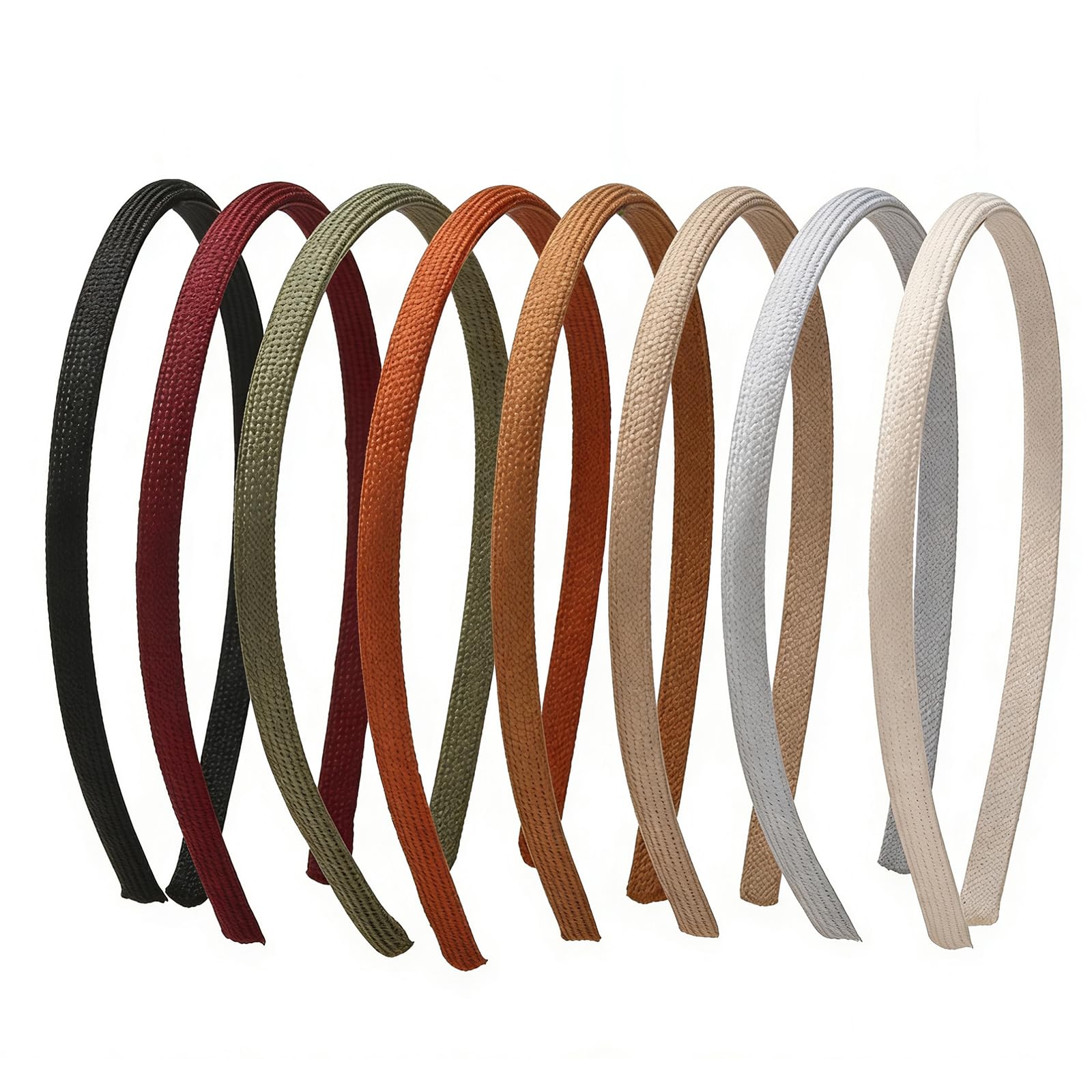 Lahnie front-packaging shows eight neutral skinny headbands with organized display and benefits