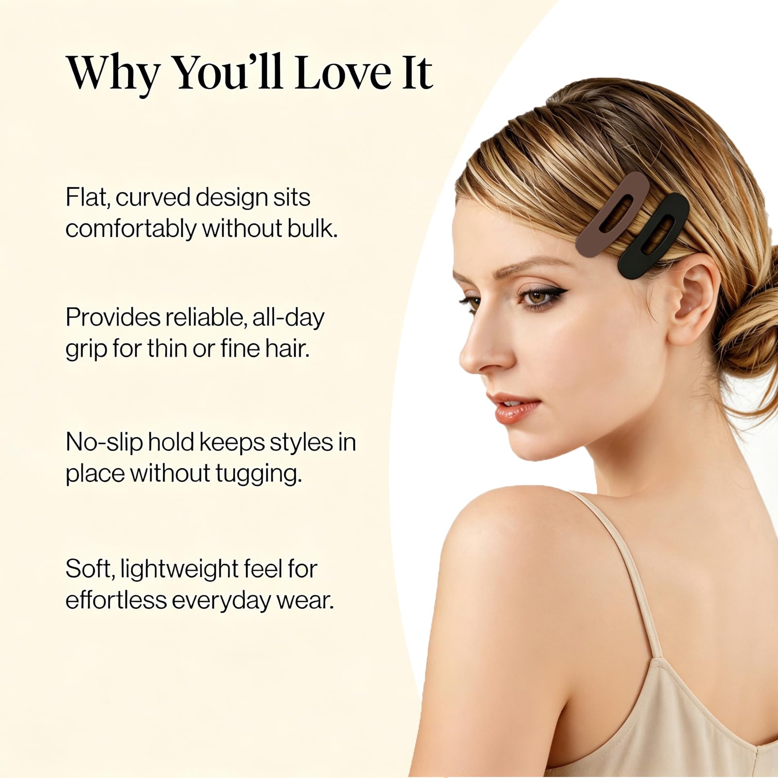 Lahnie clip securing half-up hairstyle for comfortable all-day wear