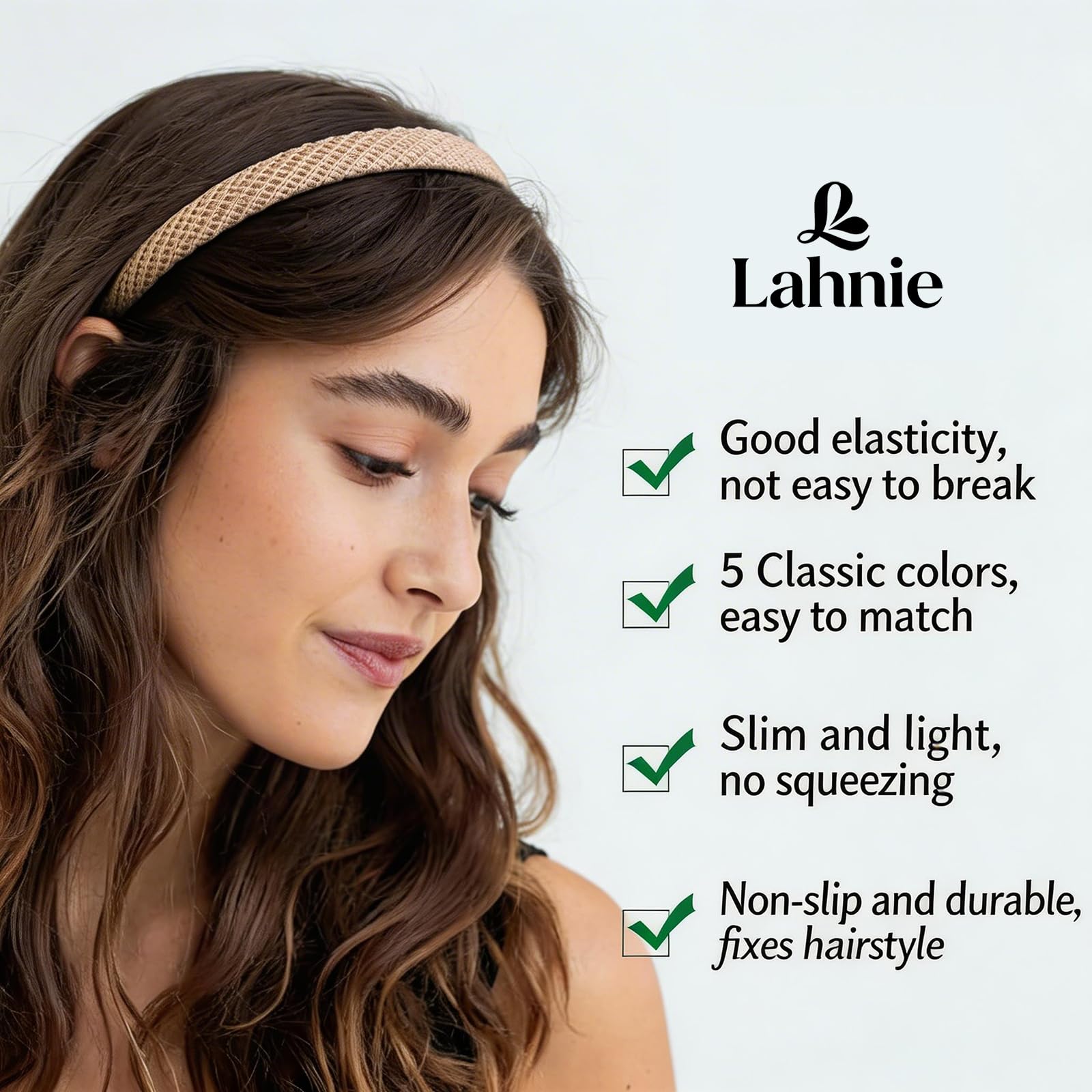 Lahnie headband being stretched to show elasticity and durable return to shape benefit
