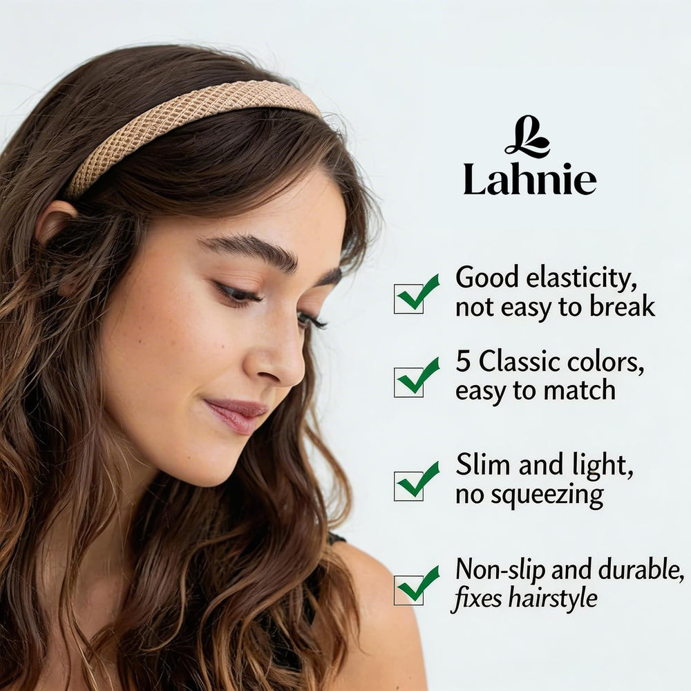 Lahnie headband being stretched to show elasticity and durable return to shape benefit