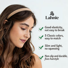 Lahnie headband being stretched to show elasticity and durable return to shape benefit