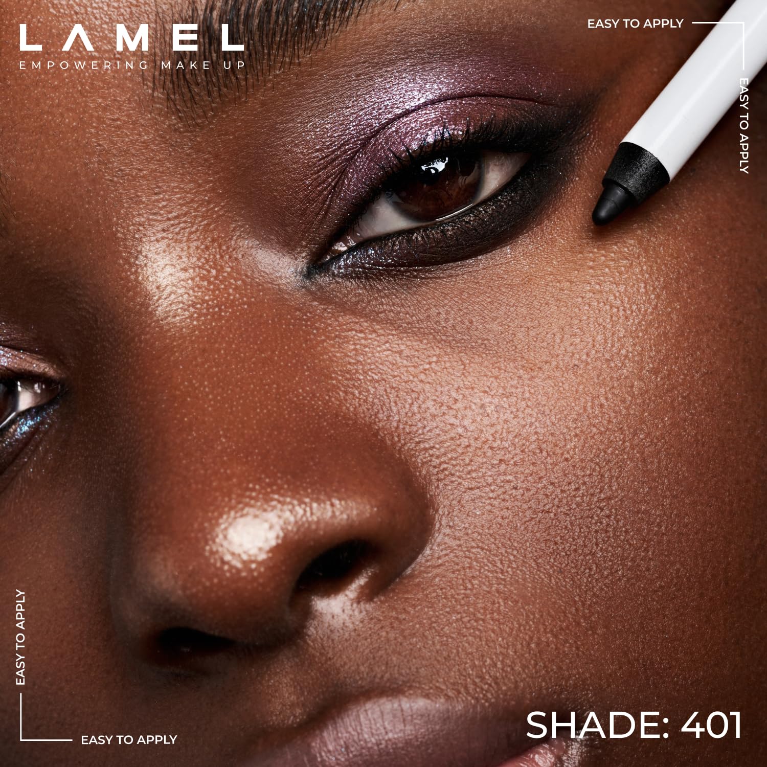 Lamel applied on eyes demonstrating defined wing and smudge-proof benefit