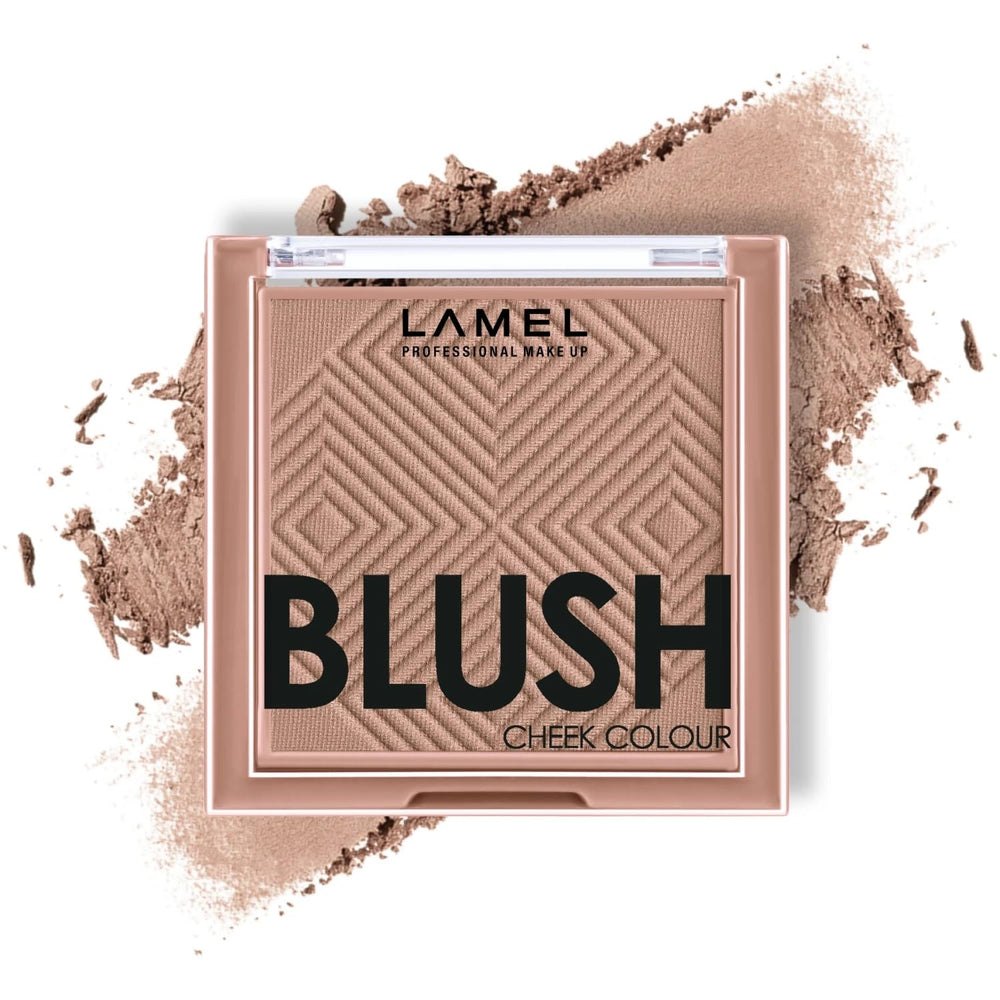 Lamel compact front view showing taupe blush and travel-ready convenience
