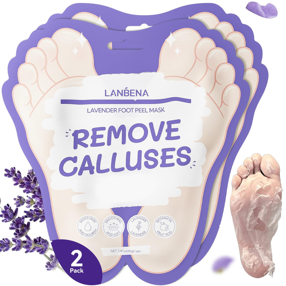 LANBENA front packaging showing two lavender foot peel pairs for easy storage