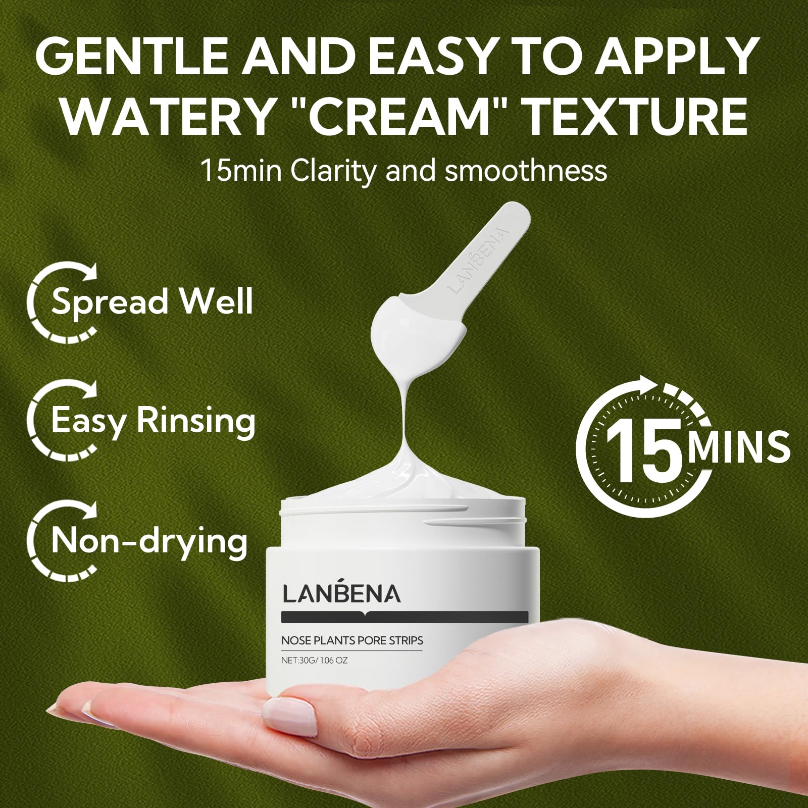 LANBENA size comparison with hand illustrating compact 30g bottle portability