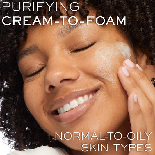 Lancôme cream-to-foam texture close-up illustrating smooth cream that foams for gentle cleansing