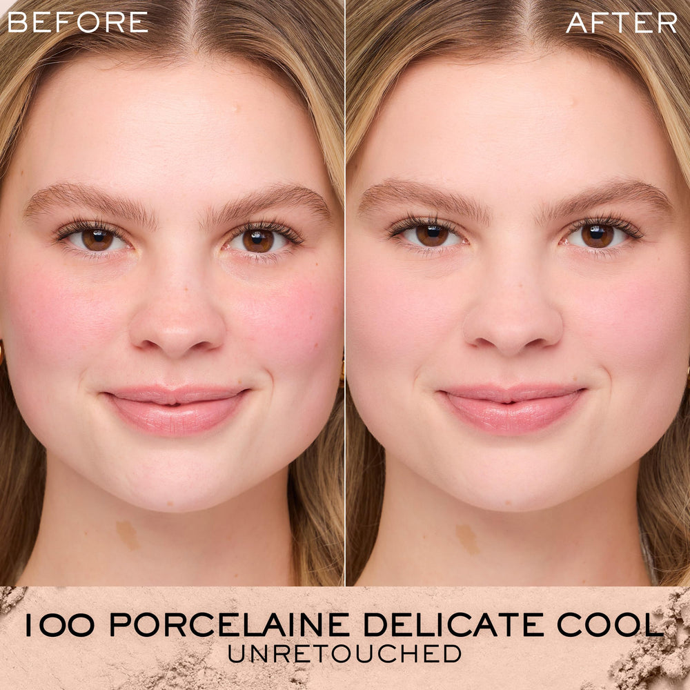 Lancôme close-up of pressed powder texture delivering smooth application benefit