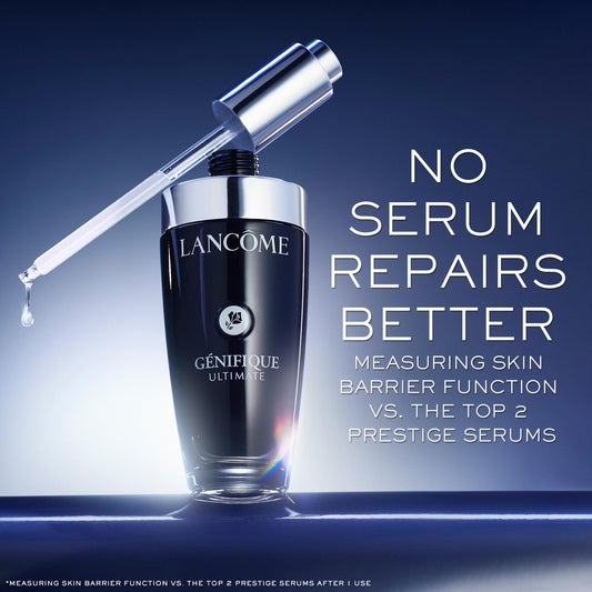 Close-up of Lancôme Génifique serum texture droplet highlighting hydration boost