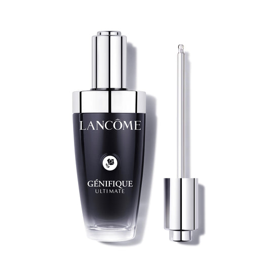 Lancôme bottle front view showing elegant refillable design and benefits
