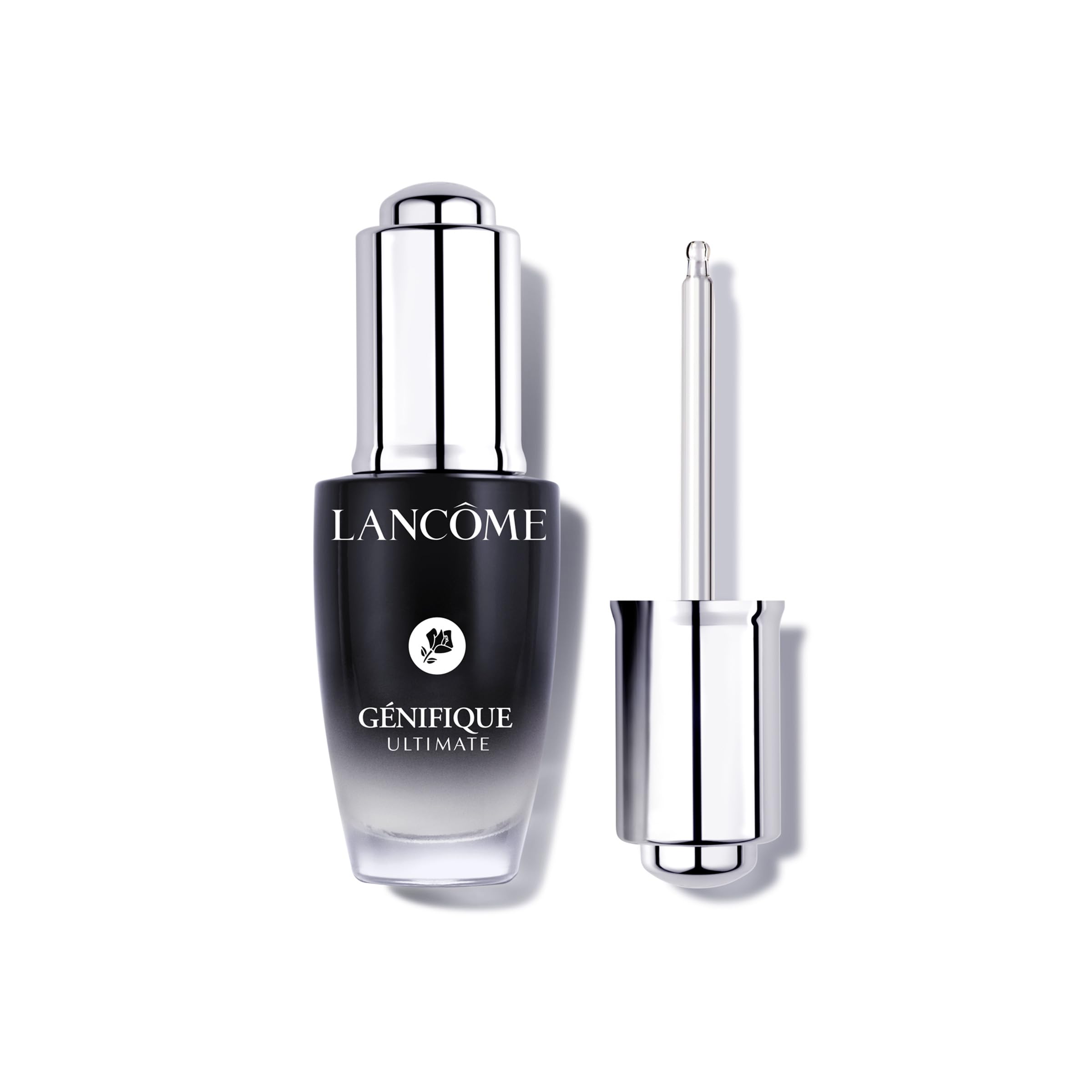 Lancôme bottle front packaging showing compact recovery serum benefits