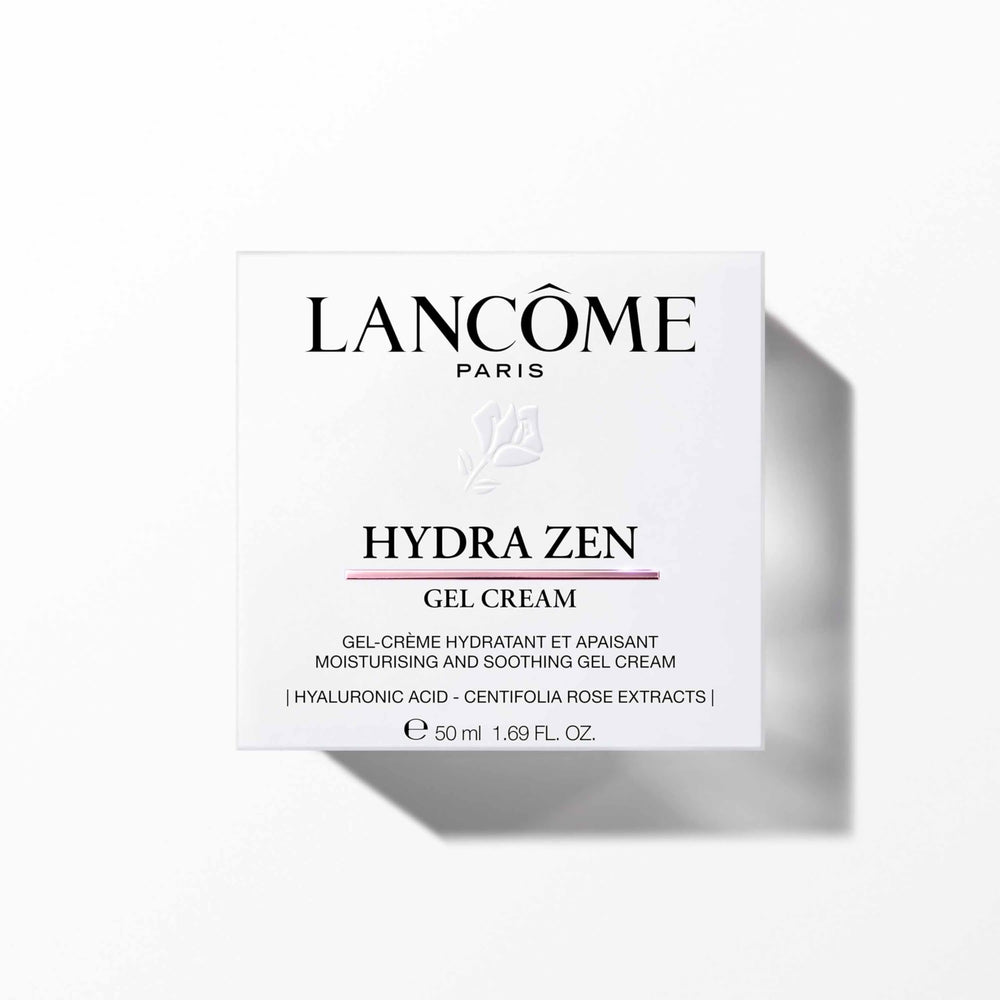 Lancôme Hydra Zen open jar close-up of gel-cream texture, illustrating lightweight hydration