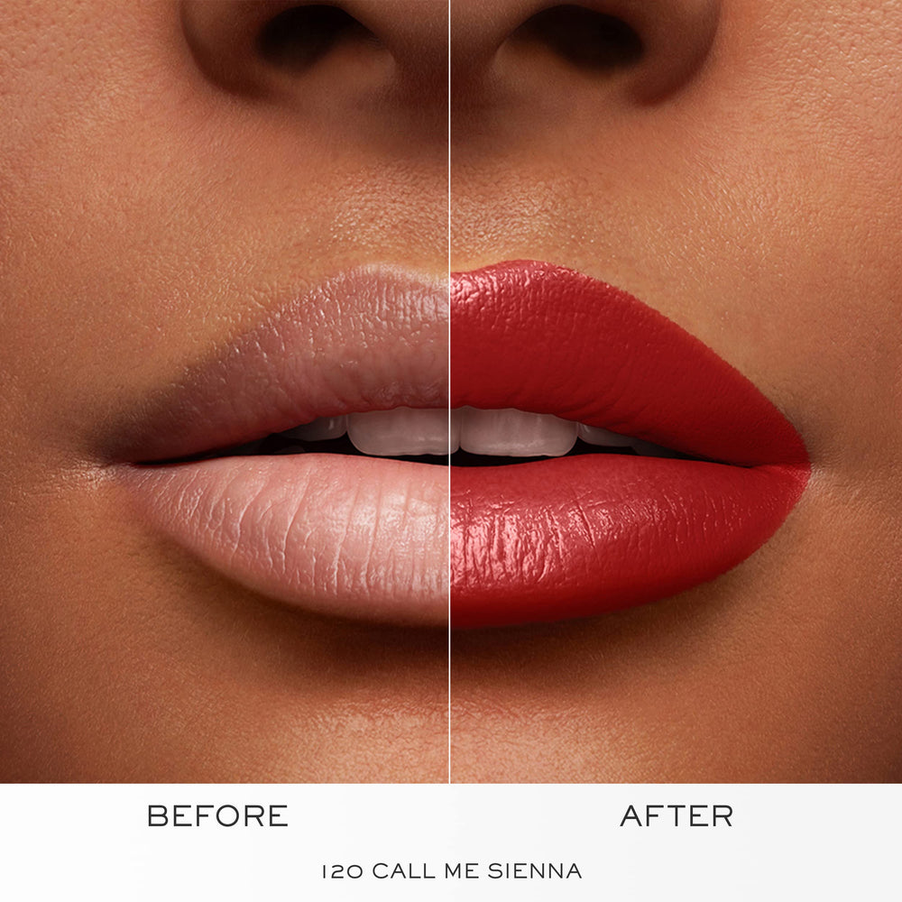 Lancôme lipstick applied on model lips showing wearable sienna and polished look