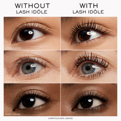 Lancôme Lash Idôle before and after eyes illustrating lift, length, and volume