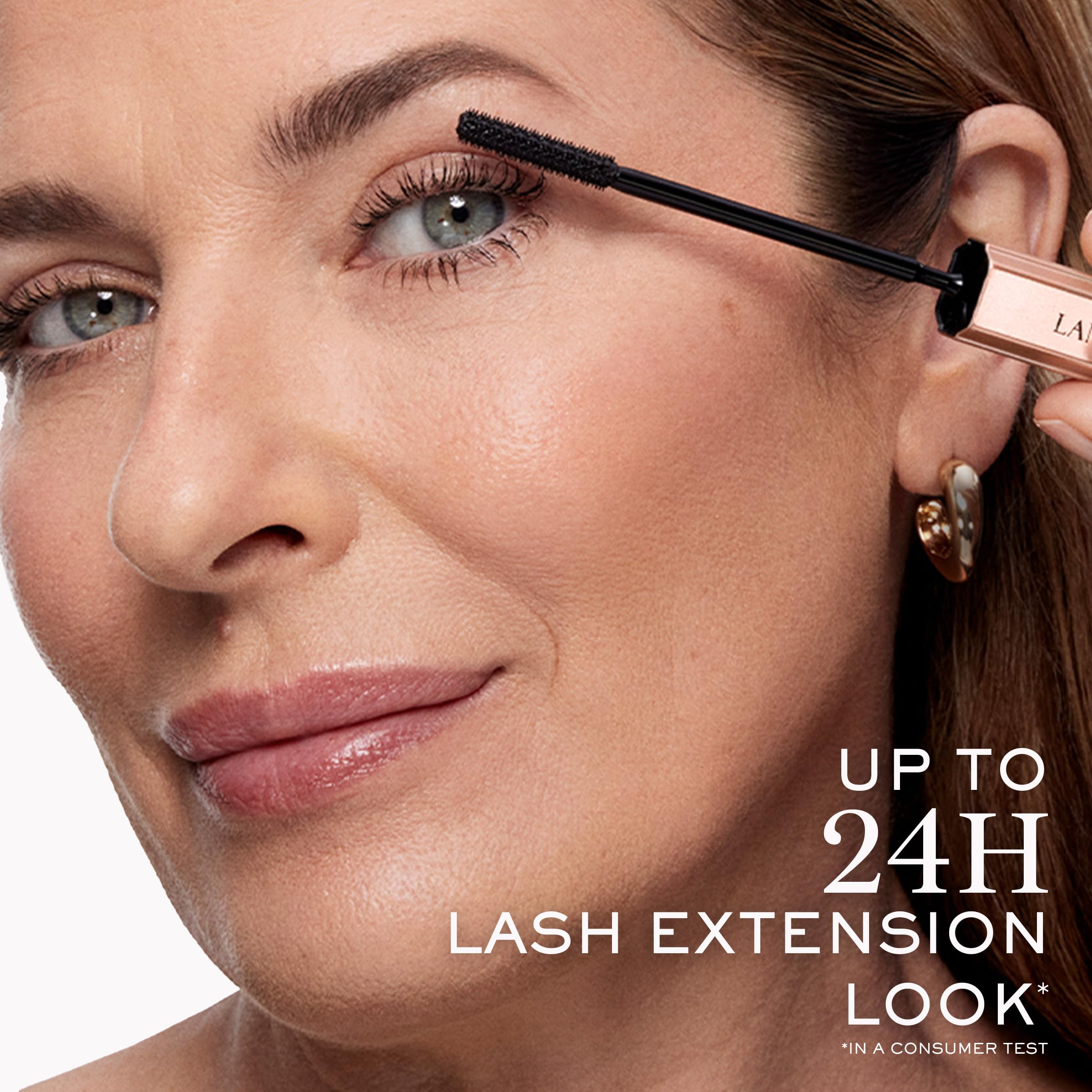 Lancôme before and after lashes showing visible +75% length benefit