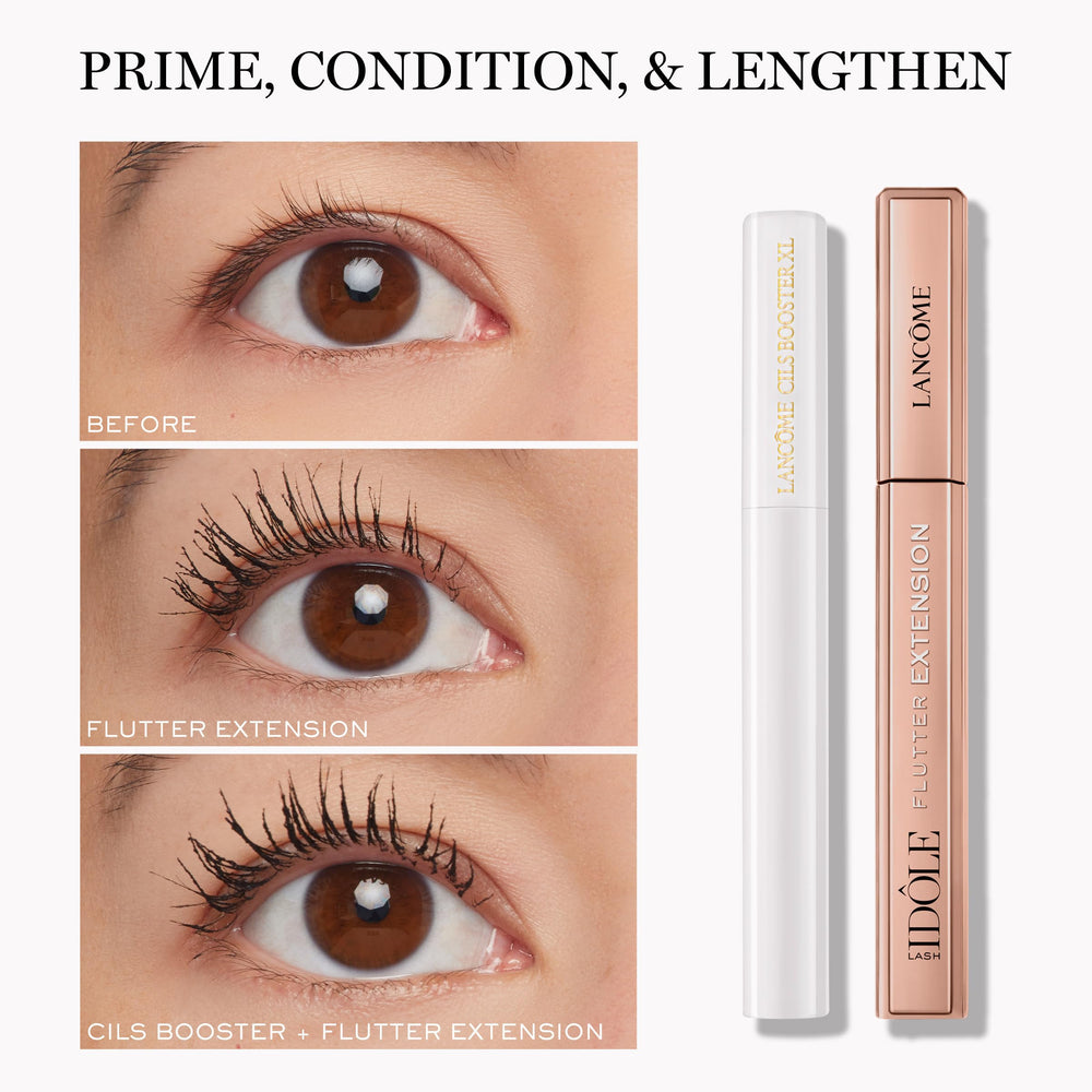 Lancôme lifestyle model outdoors showcasing long, fluttery lashes benefit