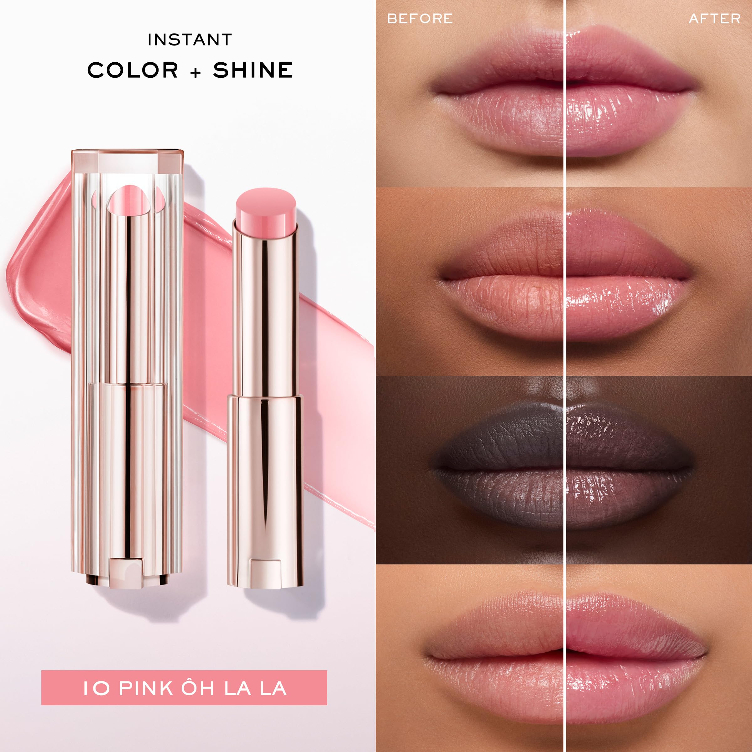 Lancôme lip idôle swiped on lips demonstrating buildable pink color and hydrated look