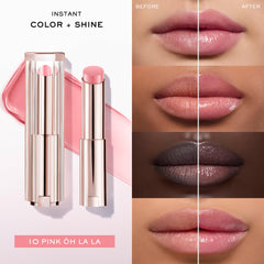 Lancôme lip idôle swiped on lips demonstrating buildable pink color and hydrated look