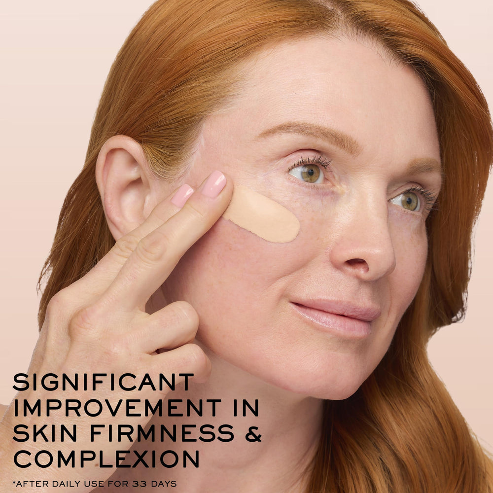 Lancôme foundation applied on model's face showing lifted radiant finish benefit