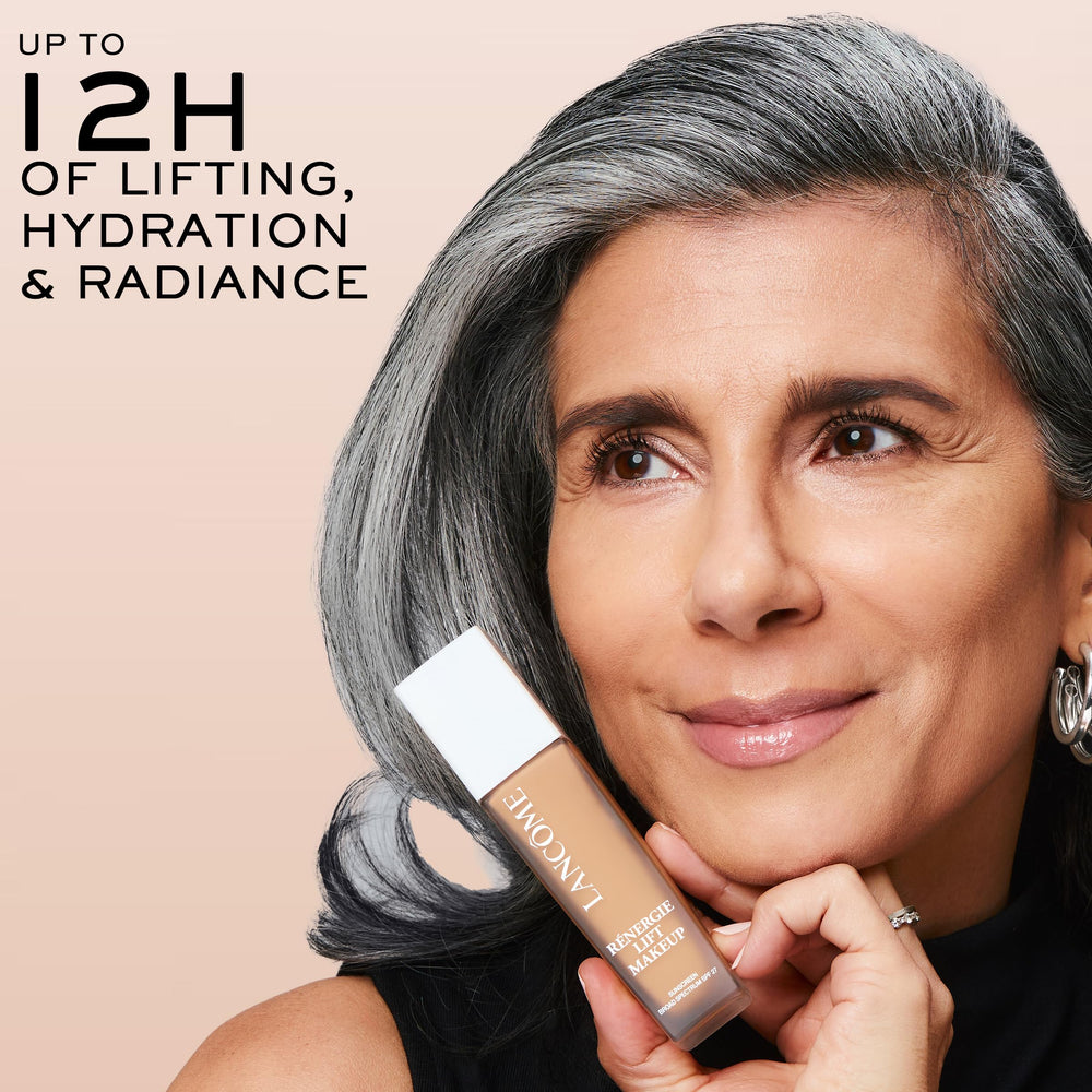 Lancôme packaging label close-up showing SPF 27 and ingredient info benefit